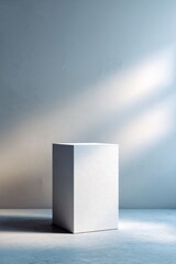 Poster - empty podium under volumetric lighting stands alone in minimalist setting blank walls surrounding it