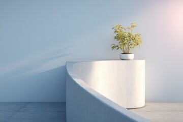 Poster - empty podium is bathed in soft volumetric lighting creating visual focal point