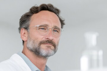Poster - capture focused portrait of scientist examining sample of water purification technology with blurred background