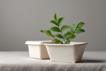 Poster - close-up of compostable food containers made of pressed leaves on linen backdrop
