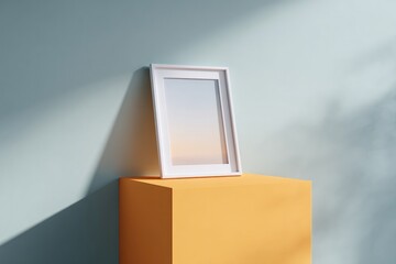 Poster - empty photo frame on vibrant color background illuminated by soft studio lighting
