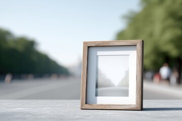 Poster - minimalistic mockup featuring empty picture frame with blurred people in background offering ample copy space