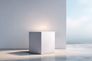 Poster - minimalistic podium with volumetric lighting surrounded by clear empty background featuring ample copy space