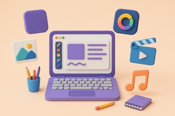 Poster - Digital Workplace: A 3D illustration of a modern laptop surrounded by various digital design and media tools, reflecting the essence of a contemporary digital workplace.