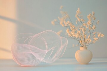 Poster - Modern vase with delicate flowers and artistic wire sculpture in soft lighting