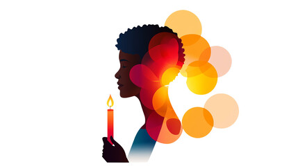 Aufkleber - woman is holding a burning candle against a black background with orange and red circular designs.