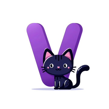 illustration of upper letter v with a cute black cat. isolated on white. generative ai