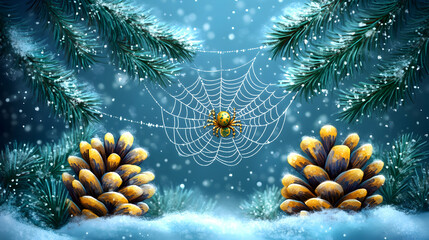winter scene featuring pine boughs pinecones snow a spider web and a spider against a blue backgroun