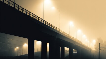 Wall Mural - foggy evening view of a bridge illuminated by streetlights with a soft glow in the background