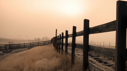 Wall Mural - serene countryside landscape with a wooden fence under a soft, hazy sunrise glow