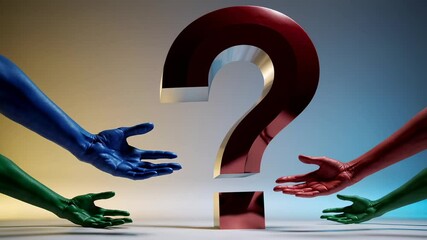 Aufkleber - Colorful hands stretching towards oversized metallic question mark, symbolizing collaborative problem solving and human curiosity against pristine white background