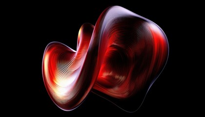 Poster - abstract red flowing 3d ribbon shape on black background for digital art print, motion design, or modern graphic decor