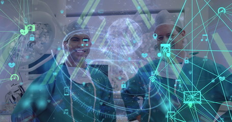Poster - Image of network of connections with icons over smiling diverse male surgeons