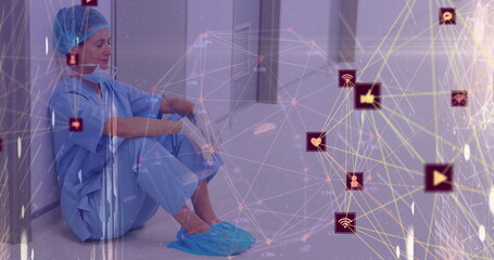 Poster - Image of network of connections over tired caucasian female surgeon sitting on floor