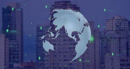 Poster - Image of financial data and globe rotating over cityscape