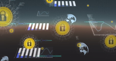 Poster - image of online security padlocks and data processing with globes