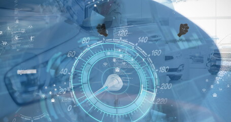 Poster - Image of icons floating over speedometer and car