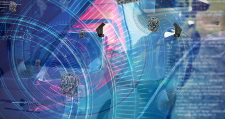 Poster - Image of data processing and gears over cars