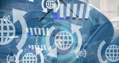 Poster - Image of globes, arrows, data processing and speedometer over car