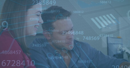 Poster - Image of data processing over caucasian business people talking
