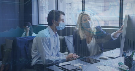 Poster - Image of data processing over caucasian business people with face masks using computer