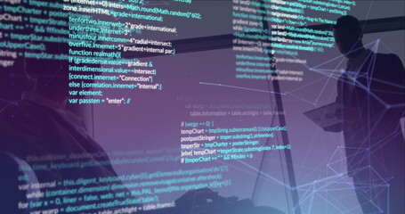 Poster - Image of data processing over diverse business people using laptops