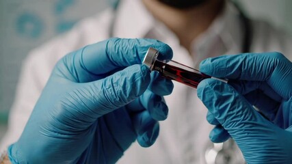 Poster - Medical scientist wearing blue gloves and white coat holds a glass vial containing red liquid, performing a visual inspection in a laboratory setting