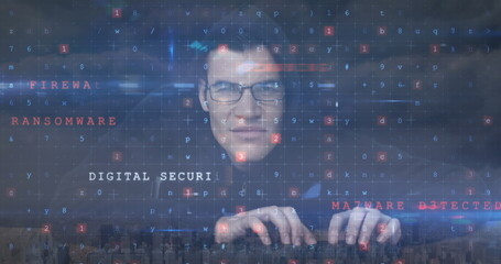 Poster - Image of caucasian male hacker and cyber attack warning over cityscape
