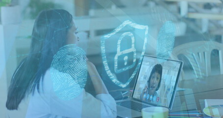 Poster - image of online security padlock over biracial businesswoman on laptop image call