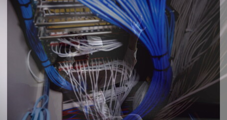 Poster - Image of women using vr headset over server room