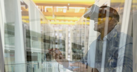 Poster - Image of men using vr headset over server room