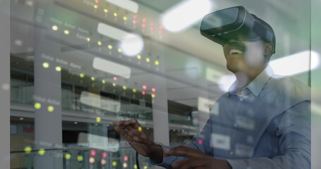 Poster - Image of men using vr headset over server room