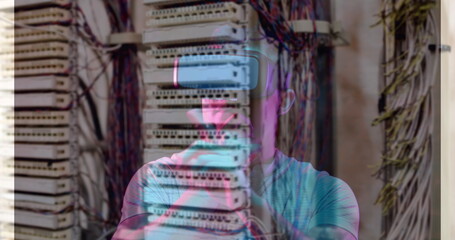 Poster - Image of men using vr headset over server room