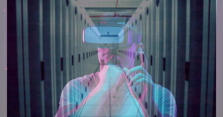 Poster - Image of men using vr headset over server room