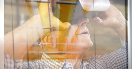 Poster - Image of men using vr headset over server room