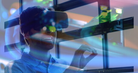 Poster - Image of men using vr headset over server room