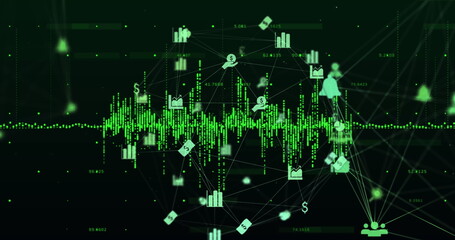 Poster - Image of network of connections with icons over dark background