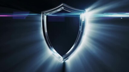 Aufkleber - Light effects and lens flares illuminate a chrome shield rotating and changing color on a black background, symbolizing digital security and protection