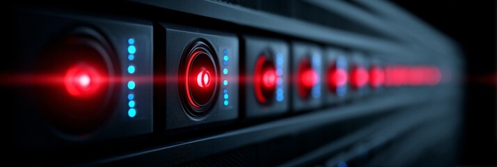 Poster - futuristic control panel with red lights - close-up of a sleek, dark control panel featuring illumin