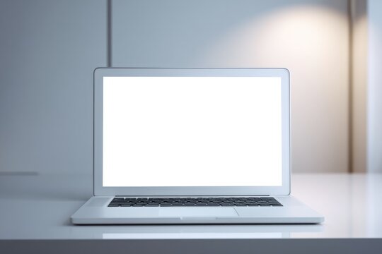 modern laptop with blank screen sits on sleek glossy desk surrounded by minimalistic decor