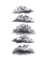 Poster - Gray Cloudscape Collection - Five grayscale images of fluffy clouds, isolated on white. Symbolizing weather, atmosphere, nature, dreams, and tranquility