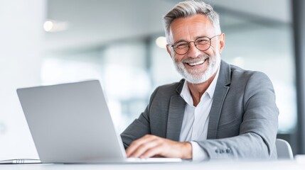 Poster - Happy Businessman Working on Laptop - Smiling mature businessman working on his laptop in a modern office. Positive and successful