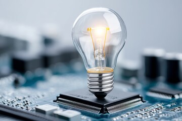 Poster - innovation bulb circuit board - a glowing light bulb rests atop a microchip, symbolizing innovation,