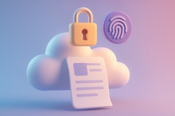 Poster - Secure Cloud Storage Concept: A visual concept portraying data protection in the cloud. A secure lock, fingerprint, and documents symbolize confidentiality and the safety of information. 