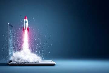 Poster - Laptop Rocket Launch Success - A rocket launching from a laptop, symbolizing a successful online business launch or transformation