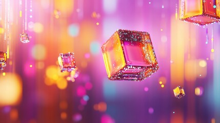 Poster - Abstract generated image featuring floating geometric shapes, colorful gradients, and digital patterns in a tech-inspired 3D space