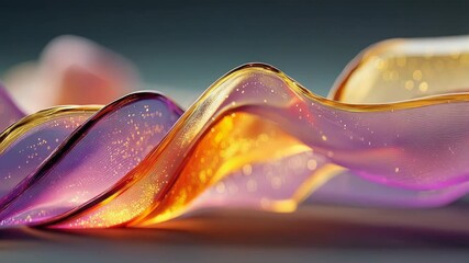 Poster - Smooth waves of translucent glass in vibrant purple and gold, with soft light reflections, evoking futuristic elegance and fluid motion