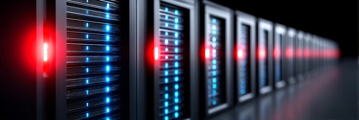 Poster - Network Server Row with Glowing LEDs - High-tech data center, server farm, infrastructure, network technology, computing power. Symbolizing innovation, connectivity, processing, storage, and speed