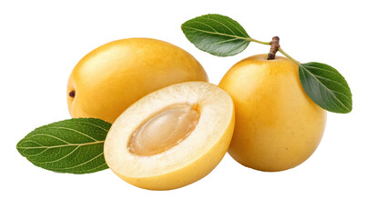 Poster - Golden marula fruits with smooth skin and green leaves are displayed, one cut open to reveal seed inside. vibrant yellow color and glossy texture make them visually appealing