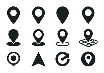 Poster - Navigation and location icons set: black flat style for map and gps applications